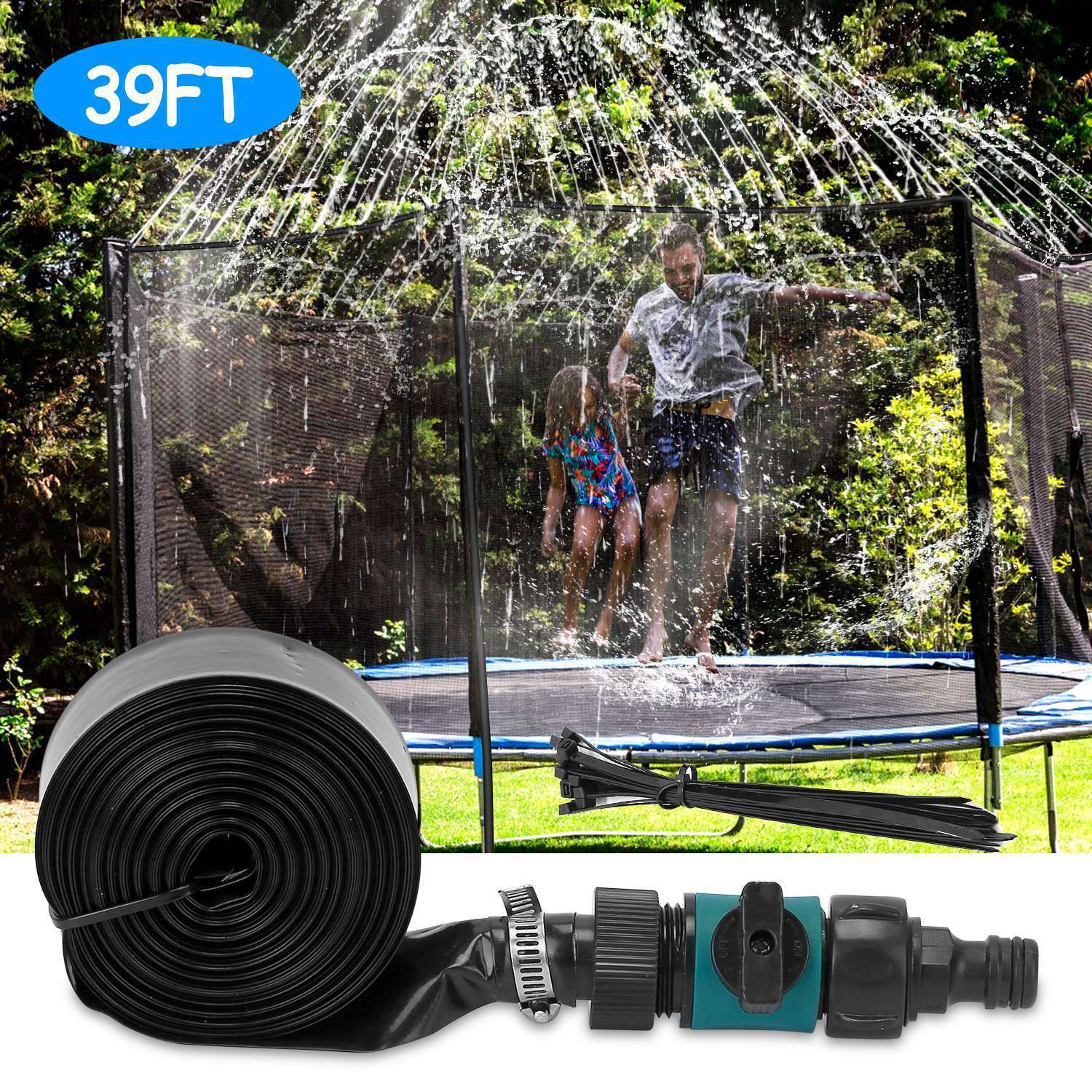Children play on a Kids Trampoline Sprinkler under a Kids Trampoline Sprinkler, with a spray hose and attachments visible in the foreground.