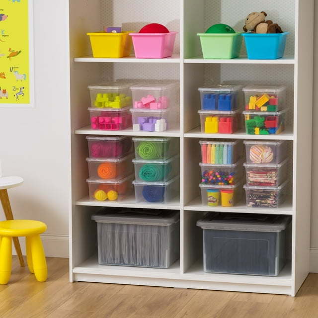 5 Qt. (1.25 gal.) Small Stackable Plastic Closet Storage Boxes filled with various items like toys, clothes, and office supplies.