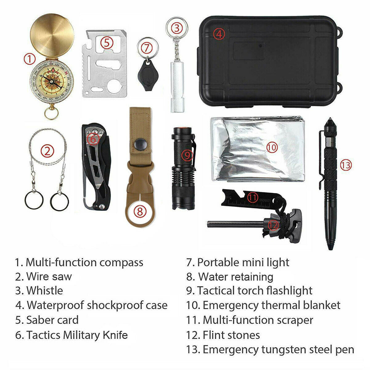 14 in 1 Outdoor Emergency Survival Gear Kit Camping Tactical Tools SOS EDC Case displayed open, containing items like a flashlight, compass, multi-tool, knife, wire, and an emergency blanket.