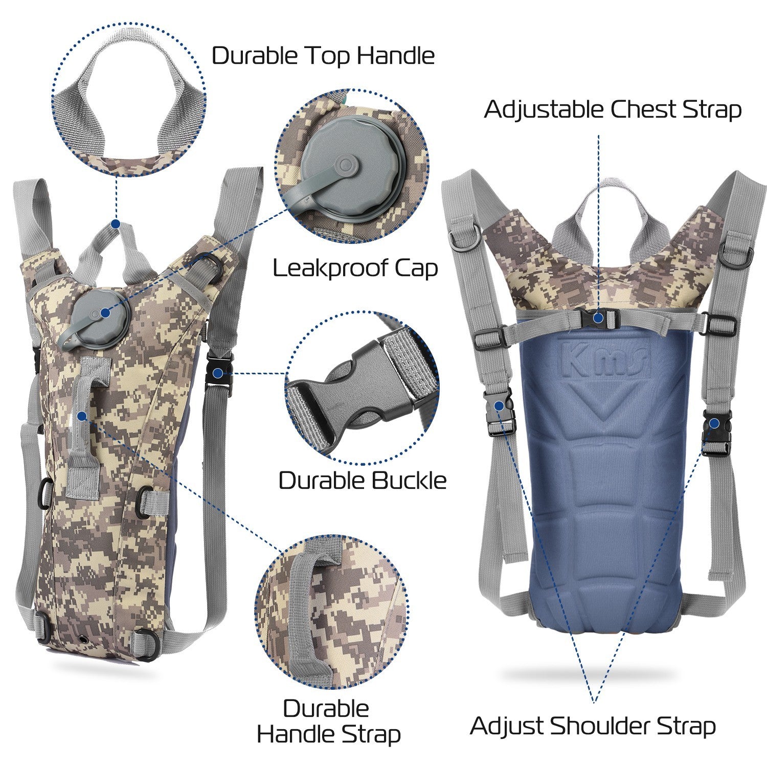 Tactical Hydration Pack suitable for running, cycling, and climbing. Includes water bladder, camo backpack, and icons indicating BPA-free material.
