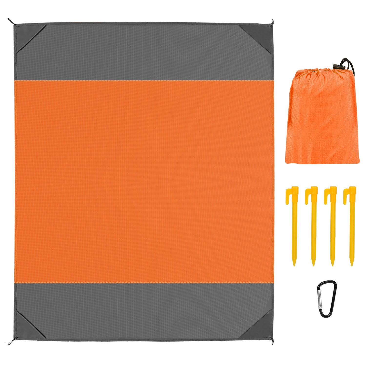 108x96.46in Sand Proof Picnic Blanket Water Resistant Foldable Camping Beach Mat with stakes and a carry bag, isolated on a white background.