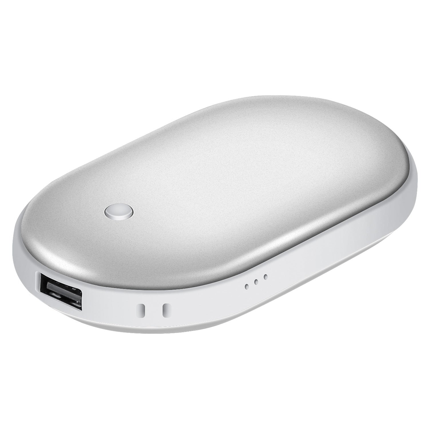 Silver Portable Hand Warmer 5000mAh Power Bank Rechargeable Pocket Warmer Double-Sided Heating Hand Warmer with a round power button, LED indicators, and a USB port on a white background.