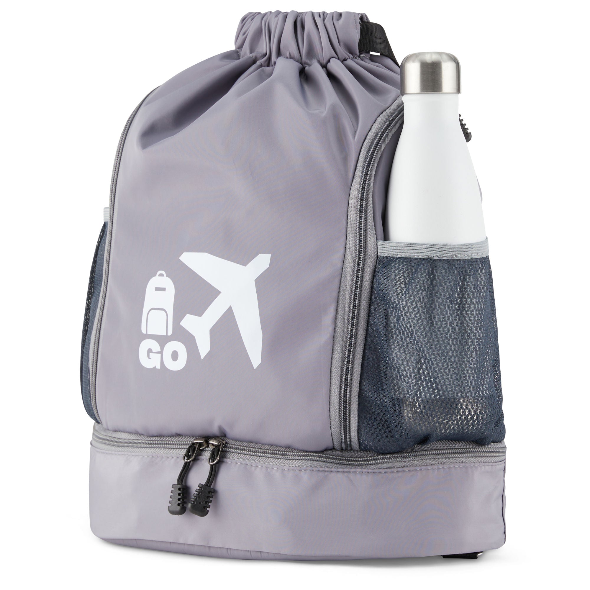 Clarissa GO Bag with a white airplane and suitcase icon, featuring an external pocket and a purple smartphone in a side holder.