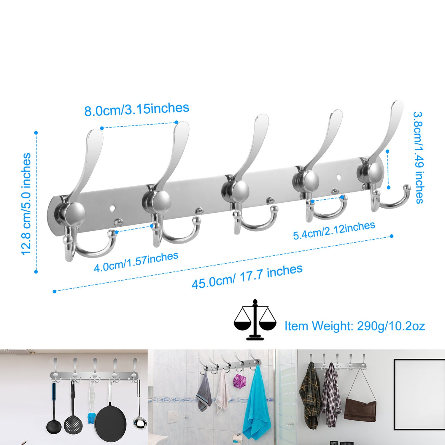 Wall Mount Coat Hook with fifteen stainless steel double hooks on a sleek, horizontal board, isolated on a white background.