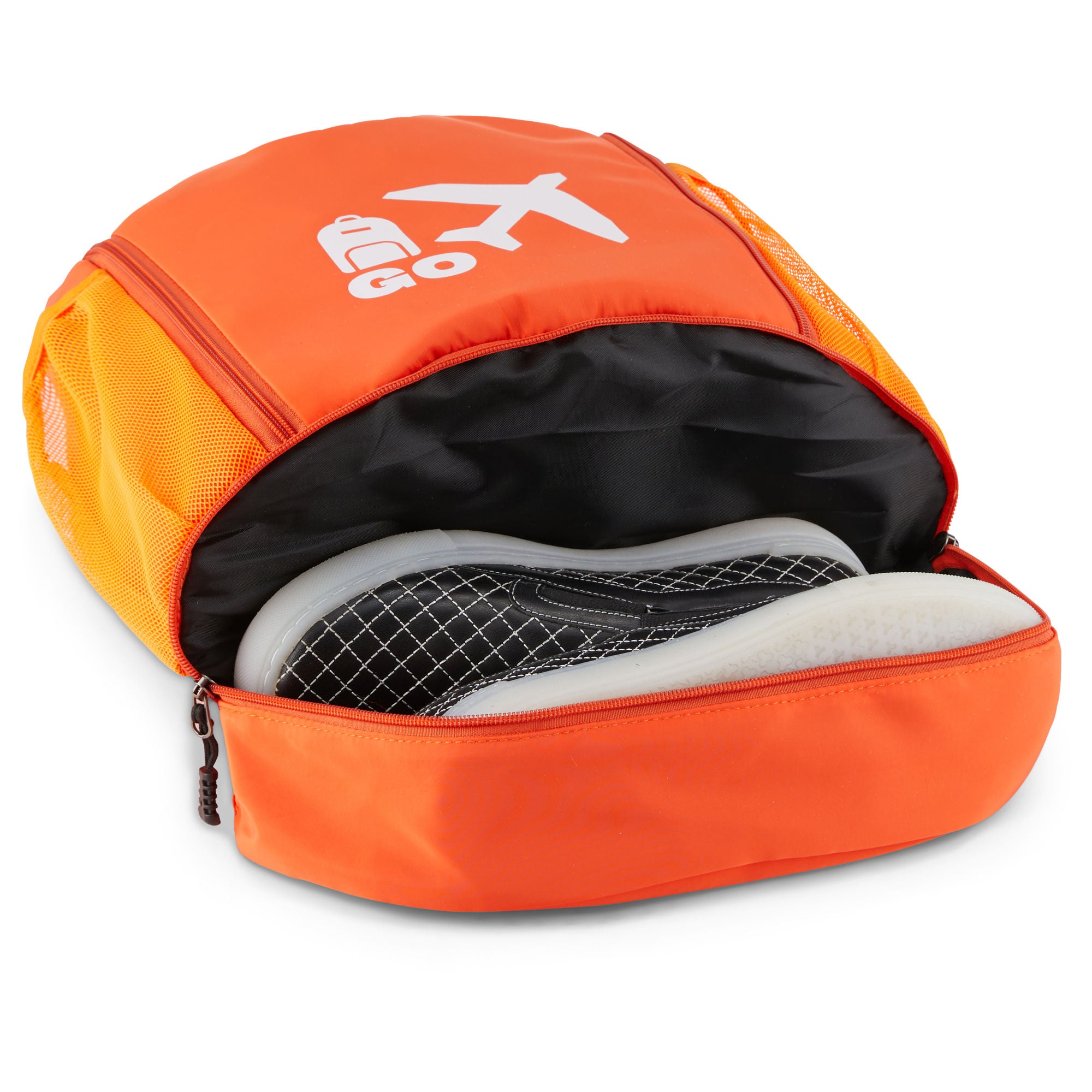 Clarissa GO Bag with a white airplane and suitcase icon, featuring an external pocket and a purple smartphone in a side holder.