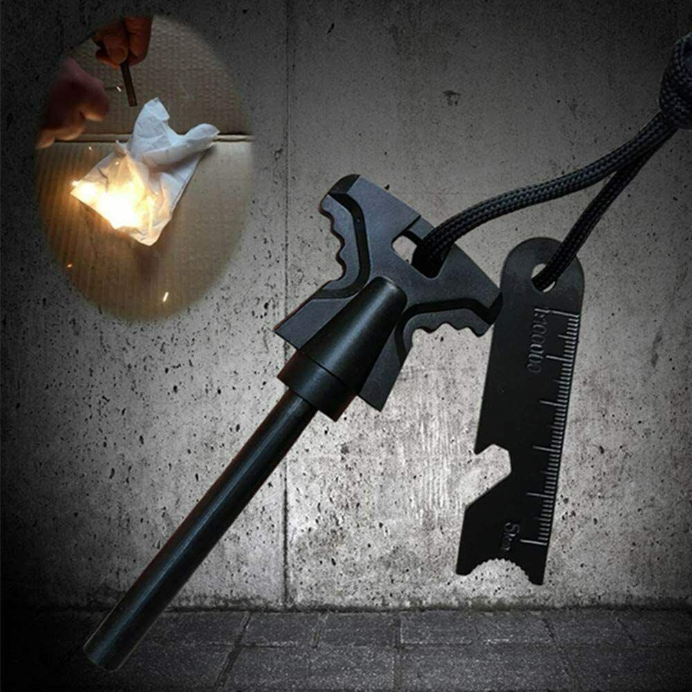 A multifunctional black emergency survival tool kit with a built-in Fire Starter Flint Steel Striker Ferro Rod Waterproof Firesteel Camping Lighter and ruler, displayed against a concrete background, with an inset image showing its fire-starting capability.