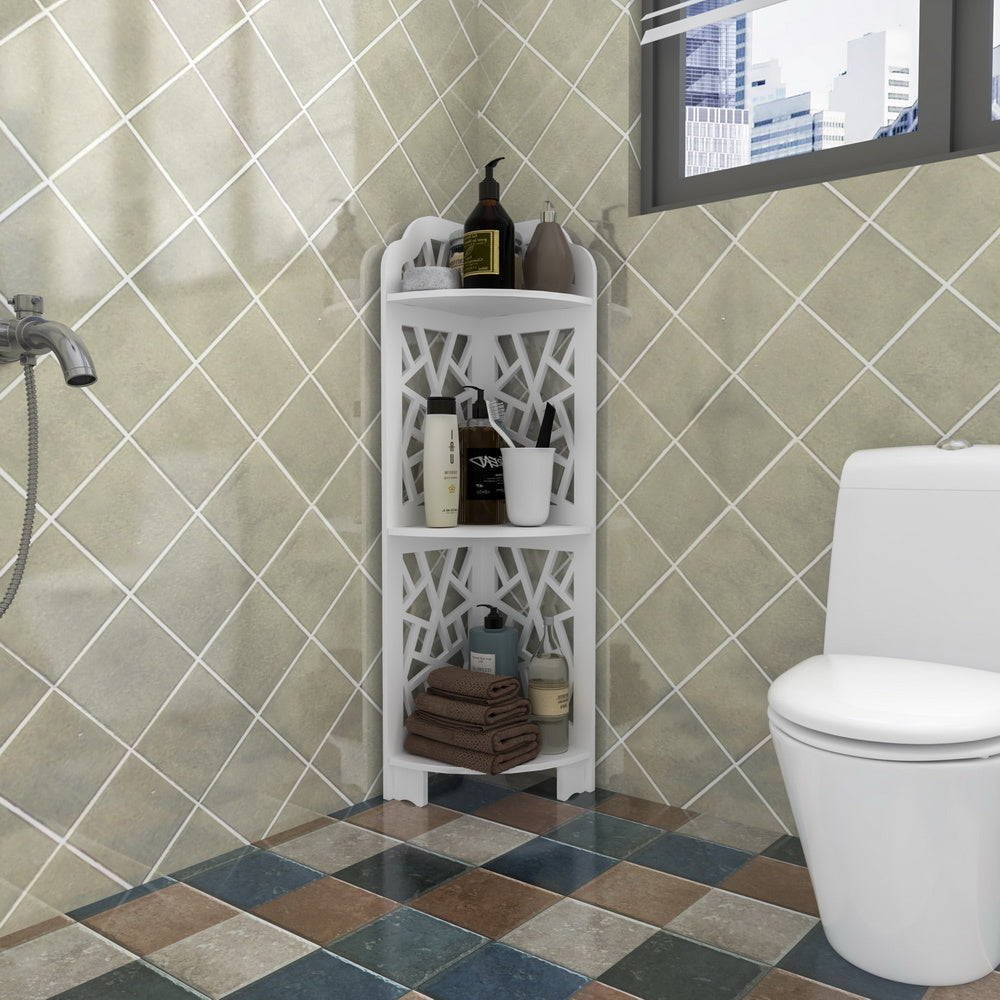 A white Free shipping 3 Tier Corner Shower Shelf Waterproof stocked with various toiletries next to a toilet in a modern bathroom with marble tiles.