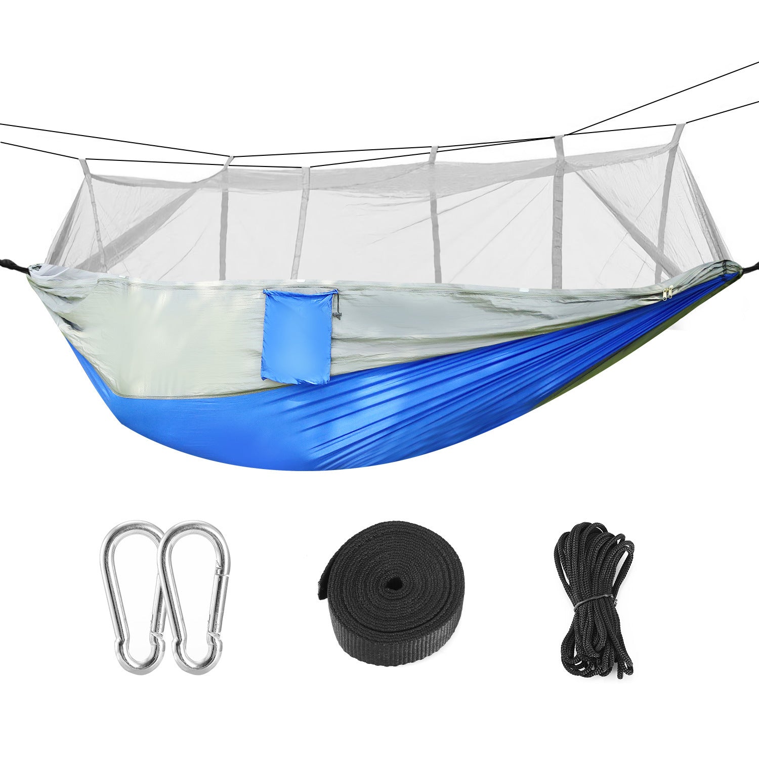 600lbs Load 2 Persons Hammock with Mosquito Net Outdoor Hiking Camping Hommock Portable Nylon Swing Hanging Bed, suspended by ropes on a white background.