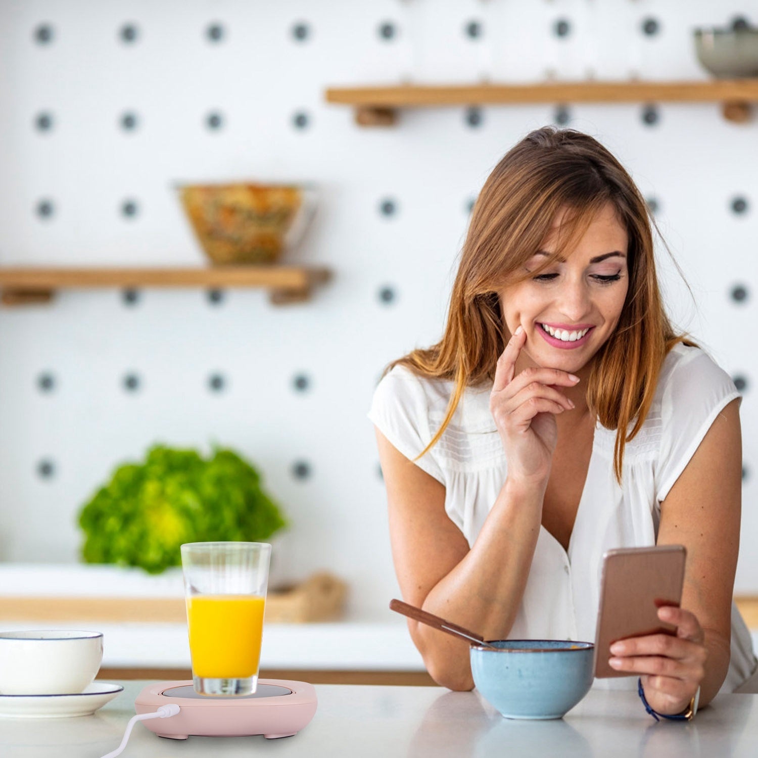 A pink Electric Coffee Mug Warmer for Desk Auto Shut off USB Tea Milk Beverage Cup 3 Temperature Setting with a digital display showing the temperature at 55 degrees Celsius and auto off feature.