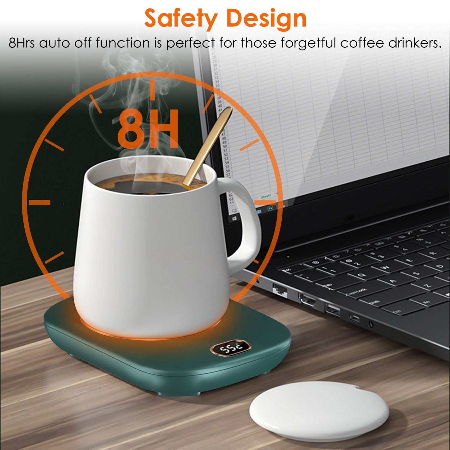 A pink Electric Coffee Mug Warmer for Desk Auto Shut off USB Tea Milk Beverage Cup 3 Temperature Setting with a digital display showing the temperature at 55 degrees Celsius and auto off feature.