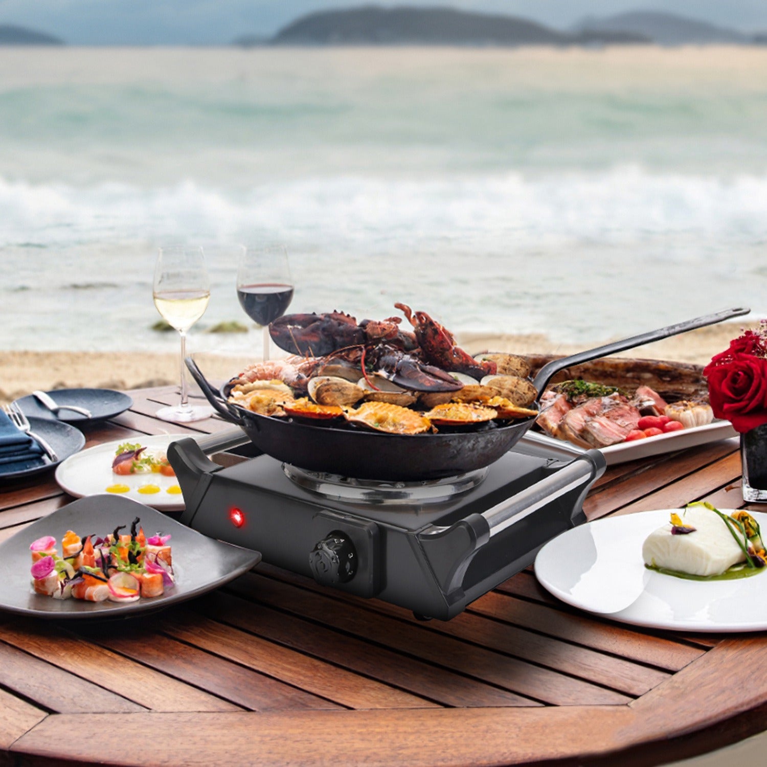 Sentence with Product Name: 1000W Electric Single Burner Portable Coil Heating Hot Plate Stove Countertop RV Hotplate with 5 Temperature Adjustments Portable Handles displayed with a man cooking on it in a kitchen setup.