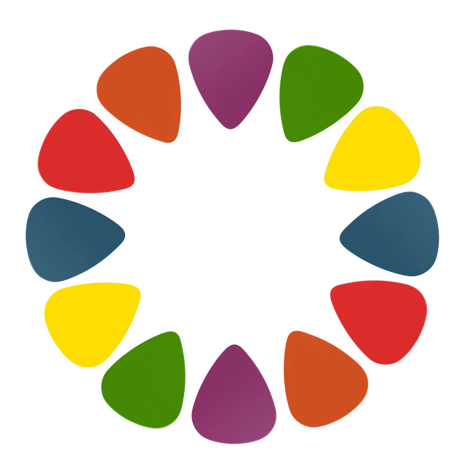A circular arrangement of Standard Acoustic Electric Plectrums Guitar Picks 12-Pack in red, purple, green, yellow, and blue, creating a symmetrical pattern on a white background.