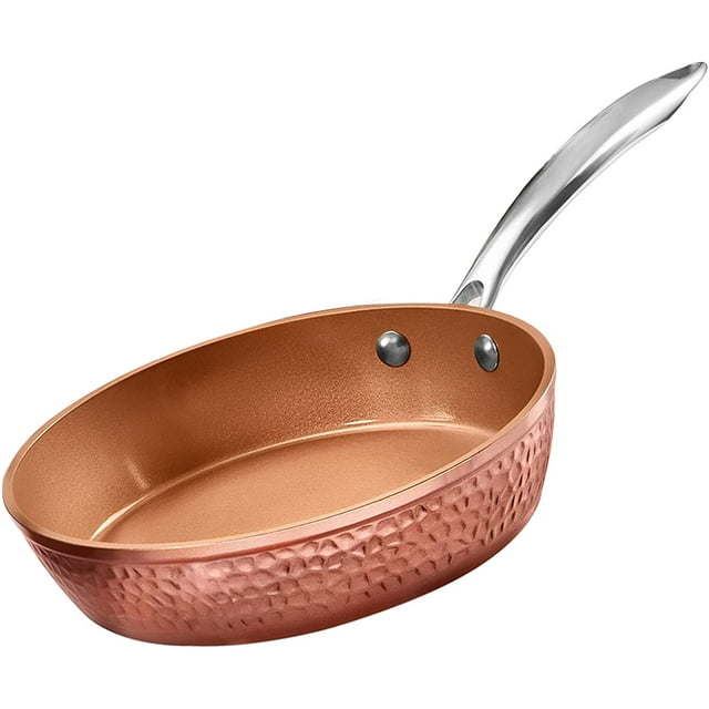 Hammered 10 inch, Copper-colored diamond-reinforced non-stick frying pan with a stainless steel handle and a transparent glass lid.