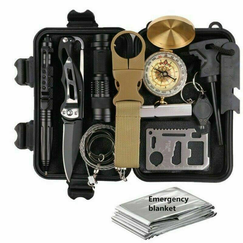 14 in 1 Outdoor Emergency Survival Gear Kit Camping Tactical Tools SOS EDC Case displayed open, containing items like a flashlight, compass, multi-tool, knife, wire, and an emergency blanket.