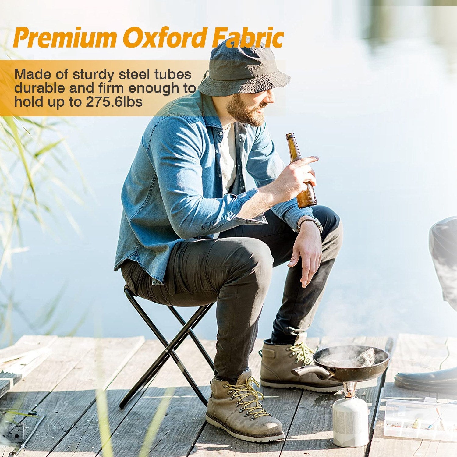 Foldable Camping Stool Portable Travel Chair with a tubular metal frame and a durable fabric seat, isolated on a white background.