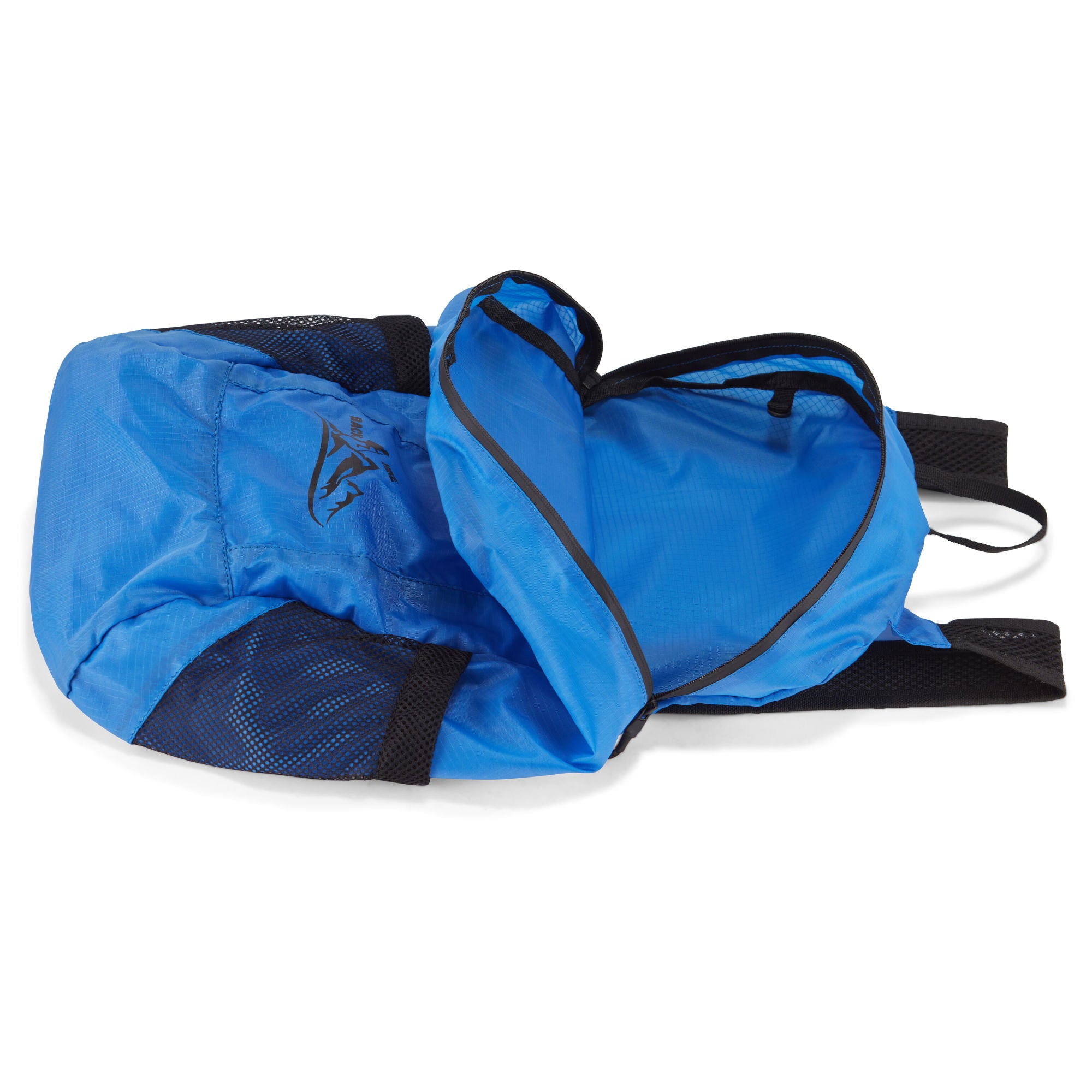 A hand holding a small, black HIKE Back- Folding Backpack with a white hiker icon printed on it, isolated against a white background.