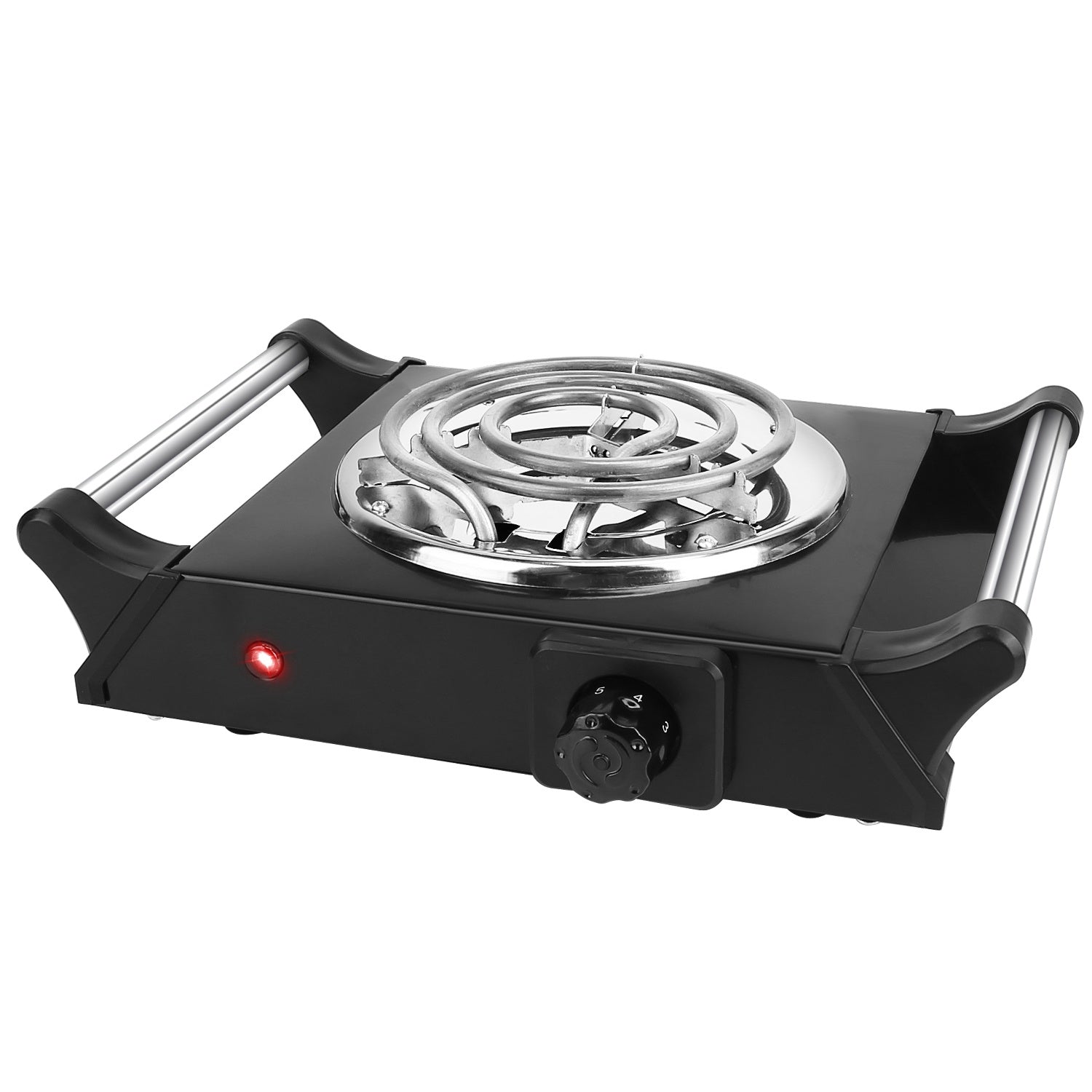 Sentence with Product Name: 1000W Electric Single Burner Portable Coil Heating Hot Plate Stove Countertop RV Hotplate with 5 Temperature Adjustments Portable Handles displayed with a man cooking on it in a kitchen setup.