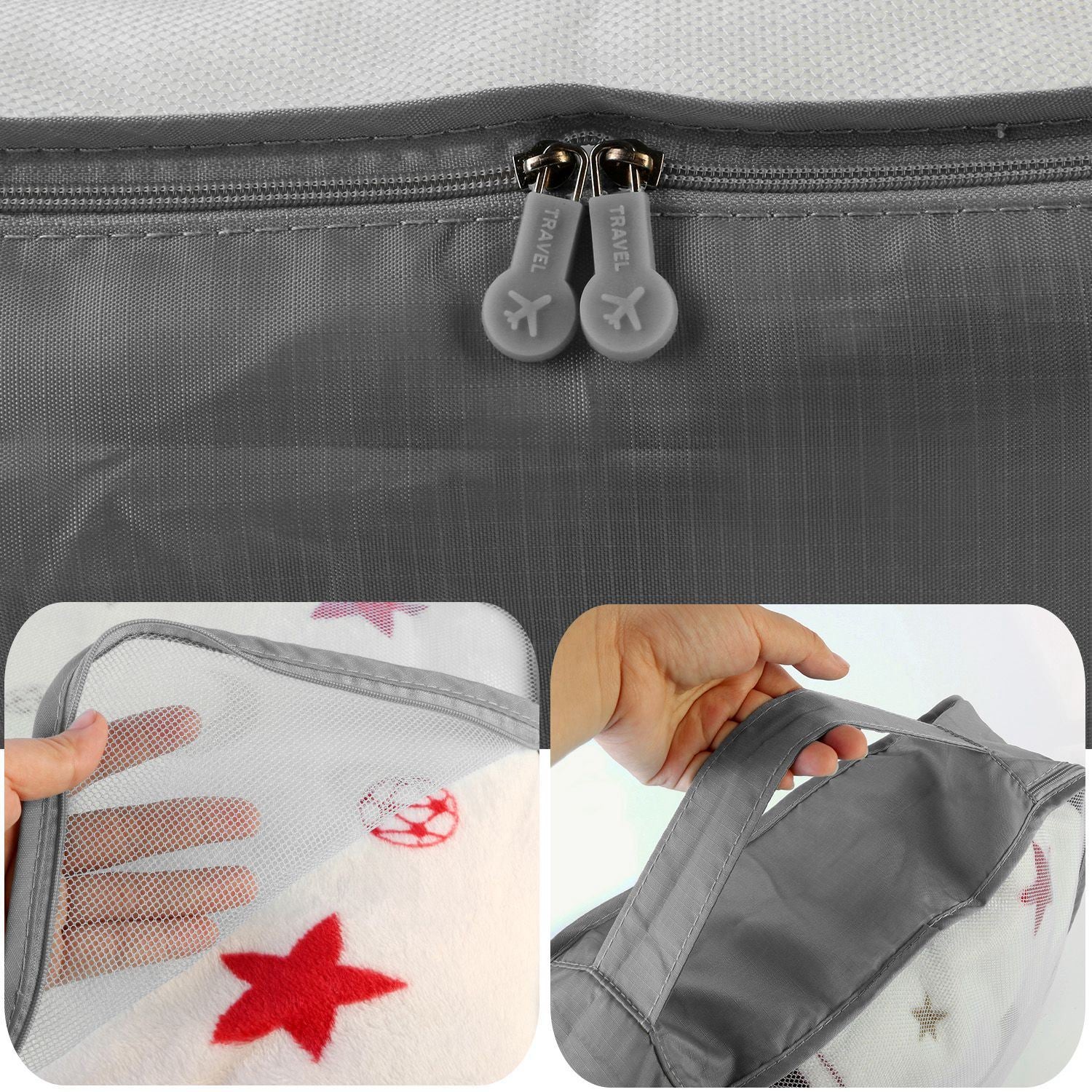 Set of four 9Pcs Clothes Storage Bags Water-Resistant Travel Luggage Organizer Clothing Packing Cubes of varying sizes with clothing items, displayed next to a folded floral blouse, all on a white background.