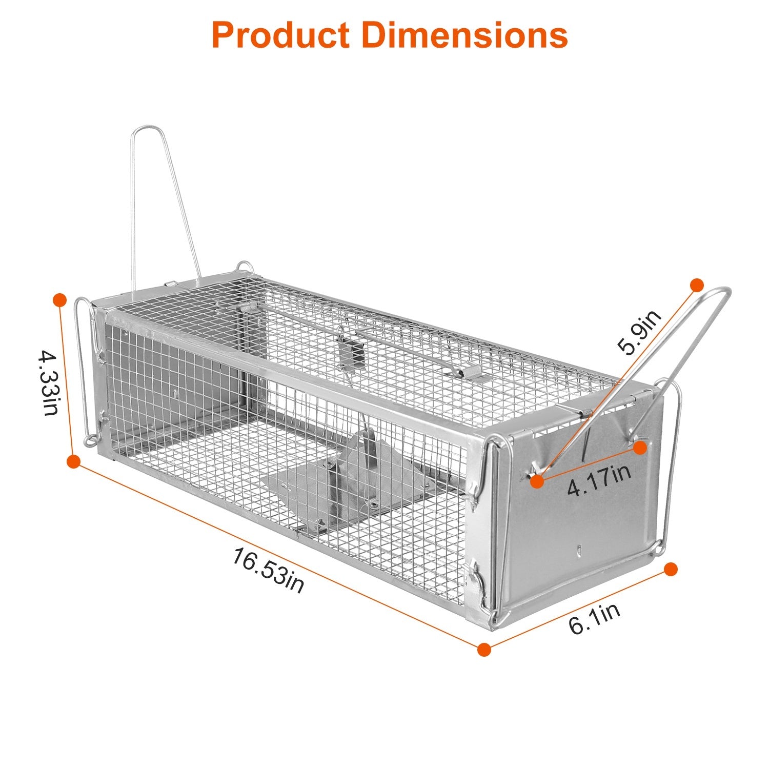 A rat approaching a Dual Door Rat Trap Cage Humane Live Rodent Dense Mesh Trap Cage Zinc Electroplating Mice Mouse Control Bait Catch with 2 Detachable U Shaped Rod, on a plain white background.