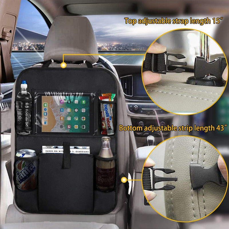 Two Backseat Car Organizers - 2PK, equipped with tablet holders and filled with items like bottles, snacks, and electronics, installed in a vehicle.