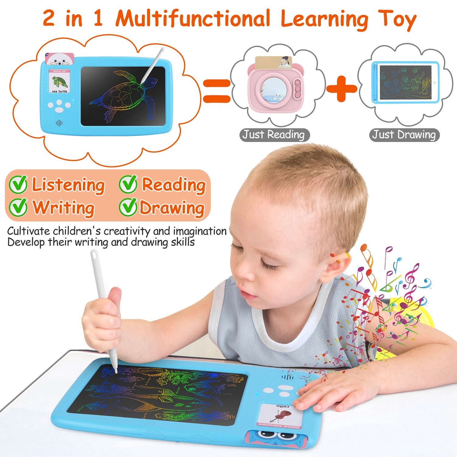 A 224 Words Toddler Learning Toy Talking Flash Cards with LCD Writing Tablet Preschool Educational Reading Drawing Machine Autism Sensory Toy 3+ Years Old Children with stylus and cartoon drawings illuminated in a rainbow of colors, accompanied by music-themed flashcards, is an ideal early education machine.