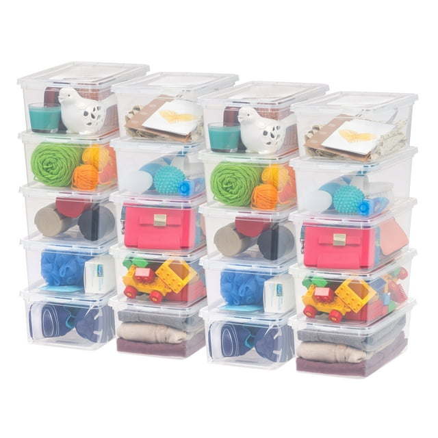 5 Qt. (1.25 gal.) Small Stackable Plastic Closet Storage Boxes filled with various items like toys, clothes, and office supplies.