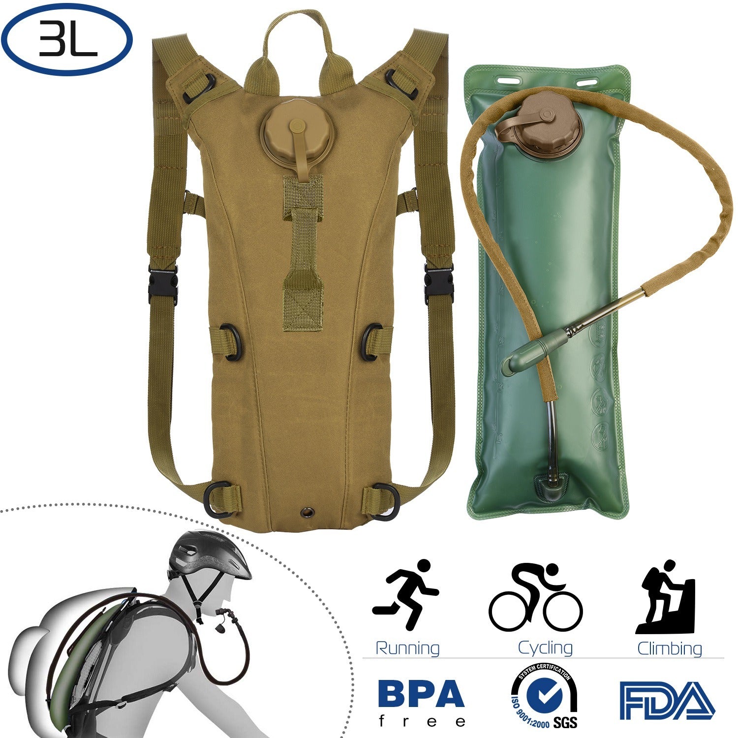 Tactical Hydration Pack suitable for running, cycling, and climbing. Includes water bladder, camo backpack, and icons indicating BPA-free material.