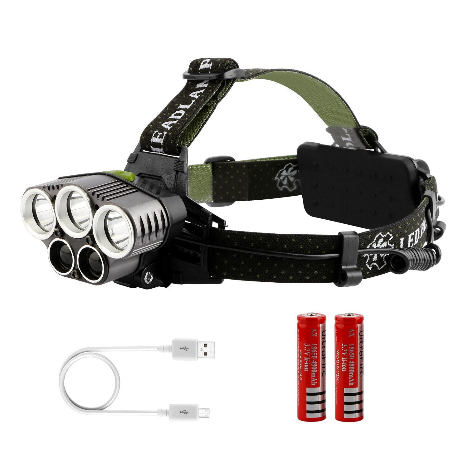 Rechargeable Headlamp 20000 Lumen LED Headlight 6 Modes Headlamp with adjustable straps, multiple lighting modes, and USB charging, displayed alongside batteries and icons highlighting its features. A background image shows a user wearing the headlamp outdoors.