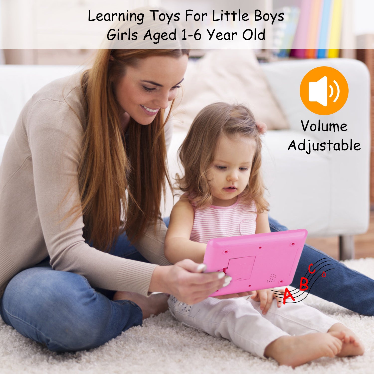A young girl smiles while leaning on her arm next to an advertisement for a Baby Learning Tablet Educational Mini Pads Toys Touch Learn Toddler Tablet For ABC Numbers Words Gift, highlighting apps for kids aged 1-6.