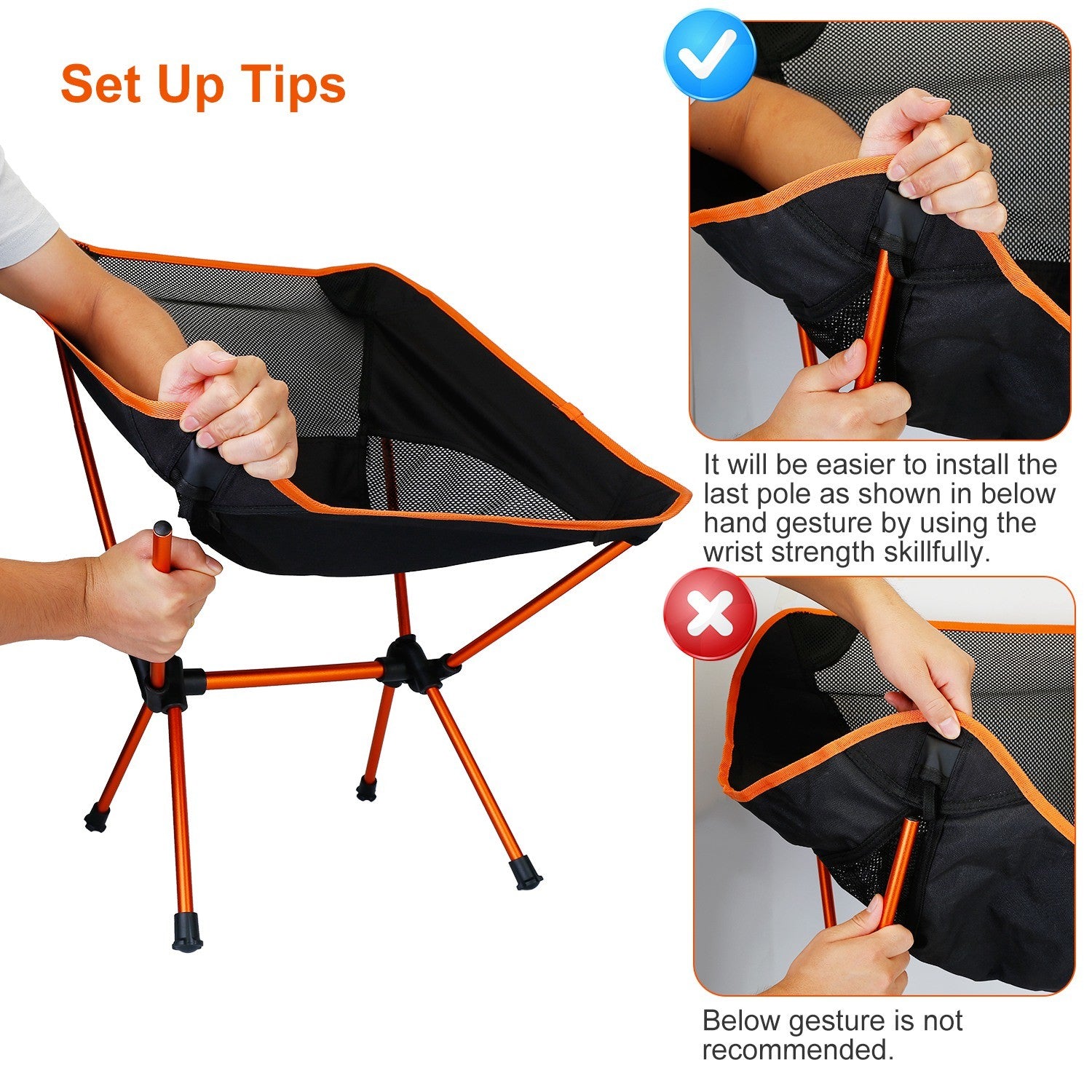 A lightweight and black Foldable Camping Chair Collapsible Ultra-light Camping Chair Backpacking Chair for Outdoor Camping Fishing BBQ Beach Picnic with a mesh backrest and storage pouches on a white background.