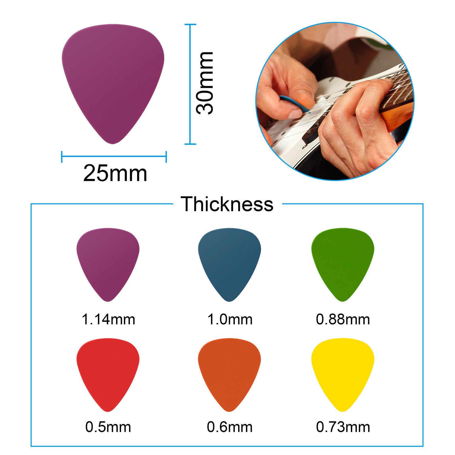 A circular arrangement of Standard Acoustic Electric Plectrums Guitar Picks 12-Pack in red, purple, green, yellow, and blue, creating a symmetrical pattern on a white background.