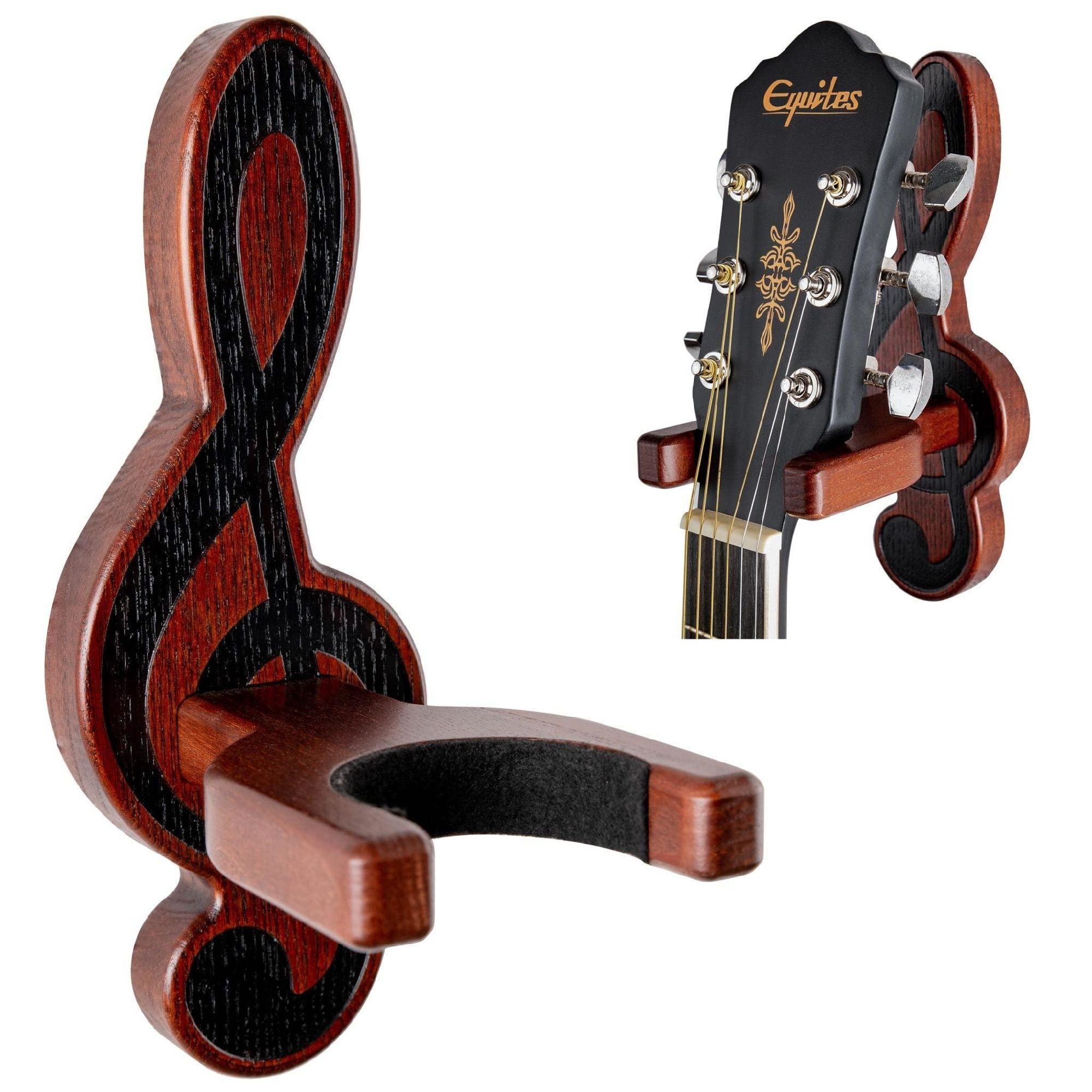Sentence with the replaced product name: Guitar Holder Wall Mount Ash Wood Wooden Guitar Hanger Hook Stand Rack Guitar Hanger for Electric Classic Acoustic and Bass Guitar Musical Instruments Hardwood (Mahogany Musical key) with padded yoke, shown with a close-up of a guitar headstock attached to it.