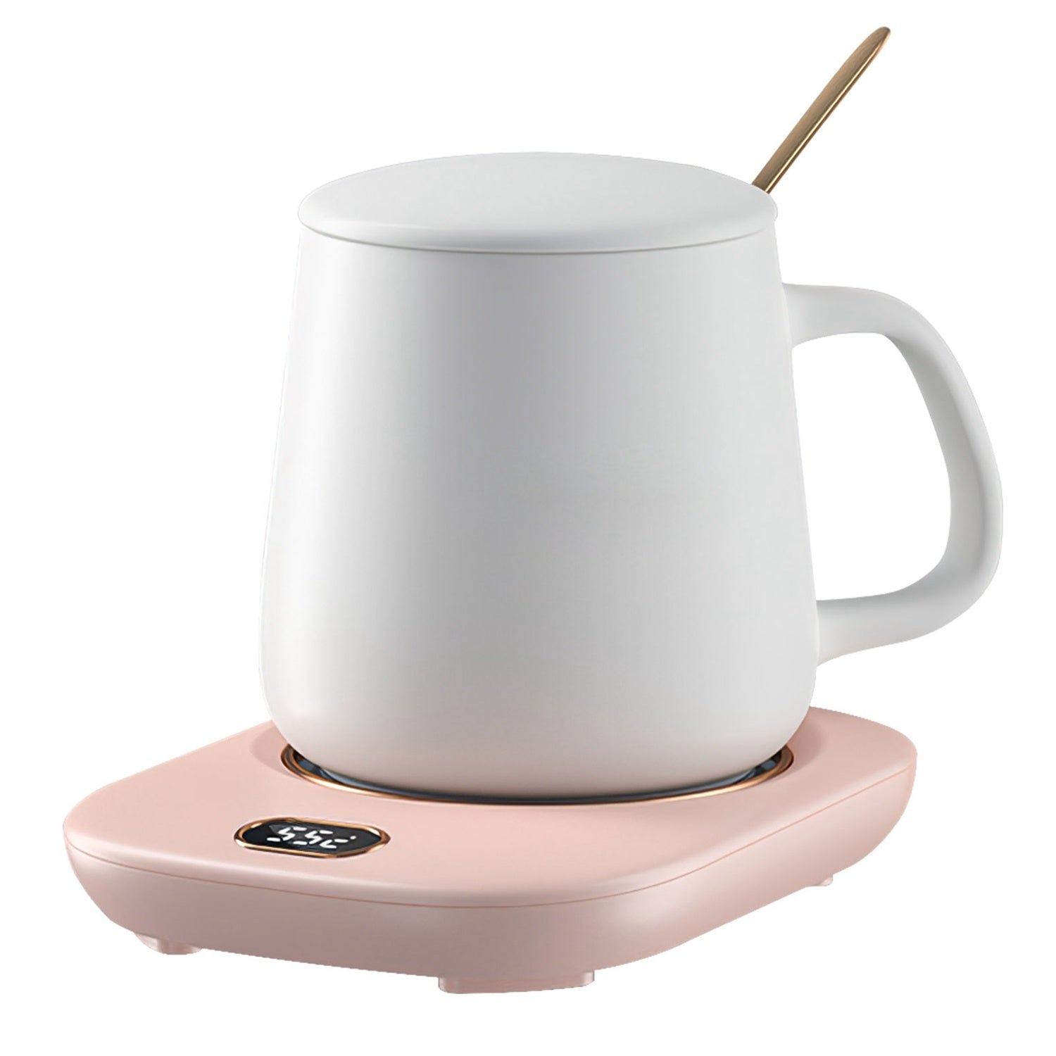 A pink Electric Coffee Mug Warmer for Desk Auto Shut off USB Tea Milk Beverage Cup 3 Temperature Setting with a digital display showing the temperature at 55 degrees Celsius and auto off feature.