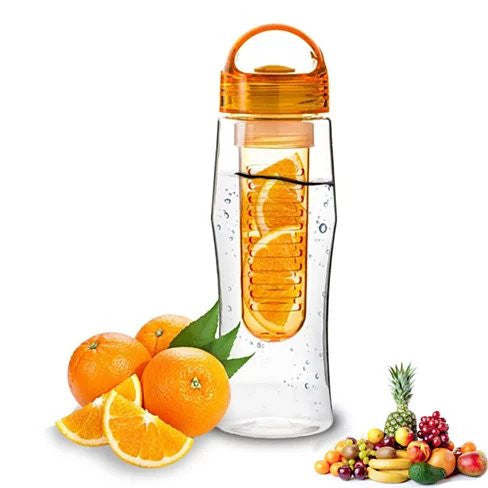 Fruitzola JAMMER Fruit Infuser water bottle with orange slices inside, surrounded by whole and halved oranges and assorted berries on a white background.