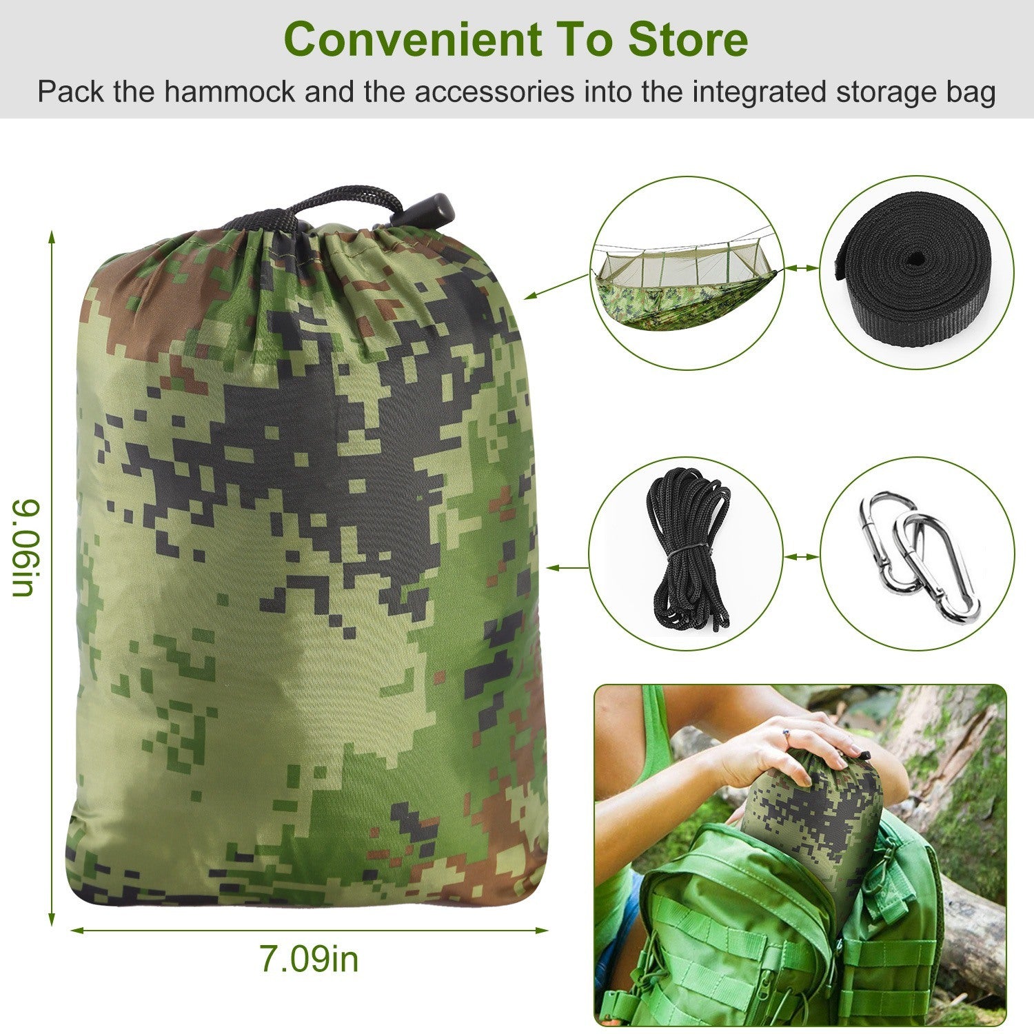 600lbs Load 2 Persons Hammock with Mosquito Net Outdoor Hiking Camping Hommock Portable Nylon Swing Hanging Bed, suspended by ropes on a white background.