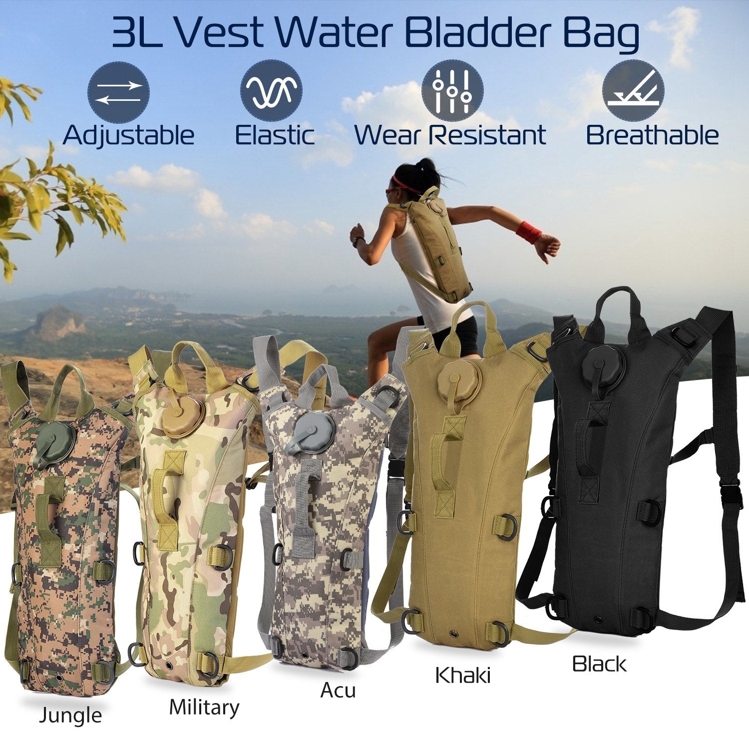 Tactical Hydration Pack suitable for running, cycling, and climbing. Includes water bladder, camo backpack, and icons indicating BPA-free material.
