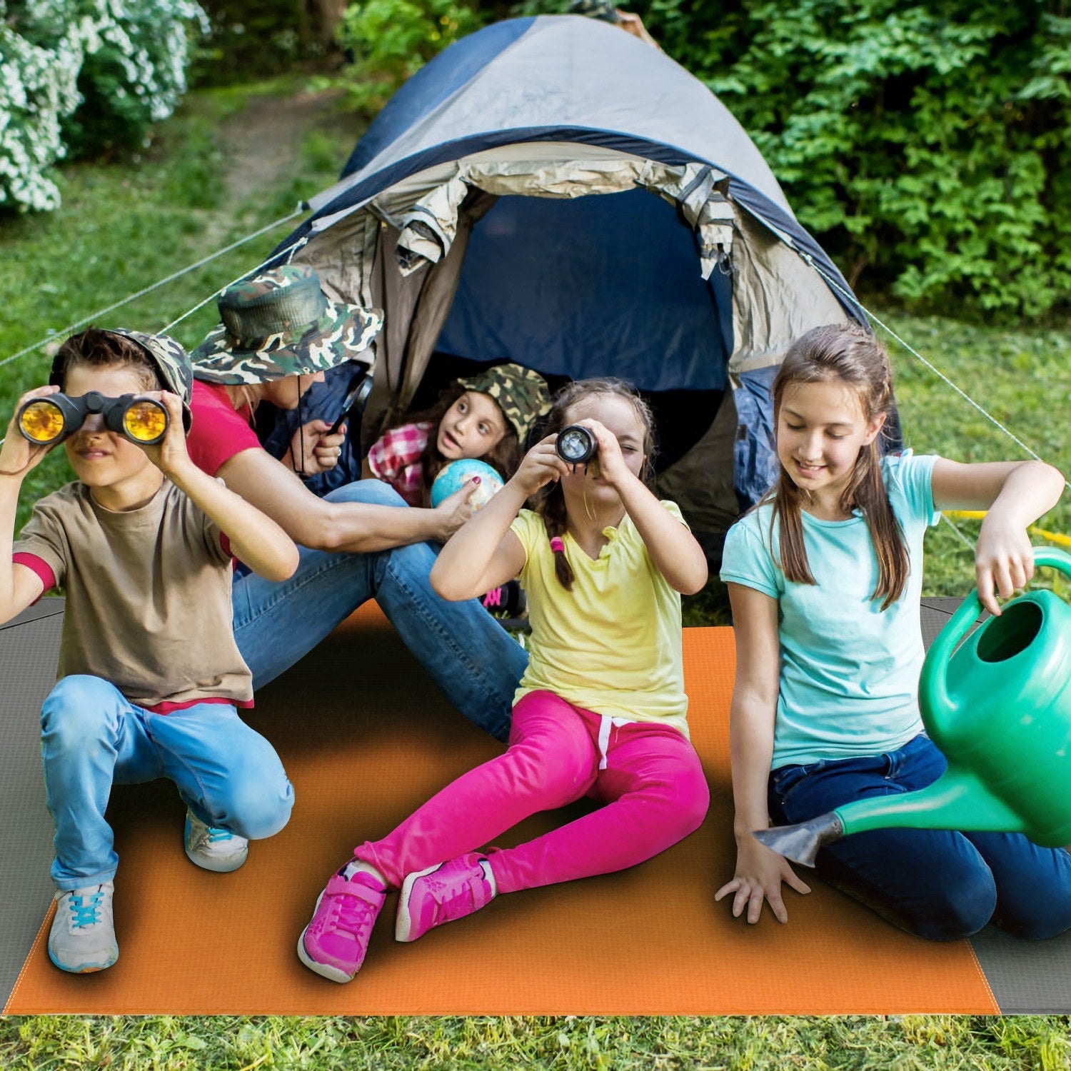 108x96.46in Sand Proof Picnic Blanket Water Resistant Foldable Camping Beach Mat with stakes and a carry bag, isolated on a white background.