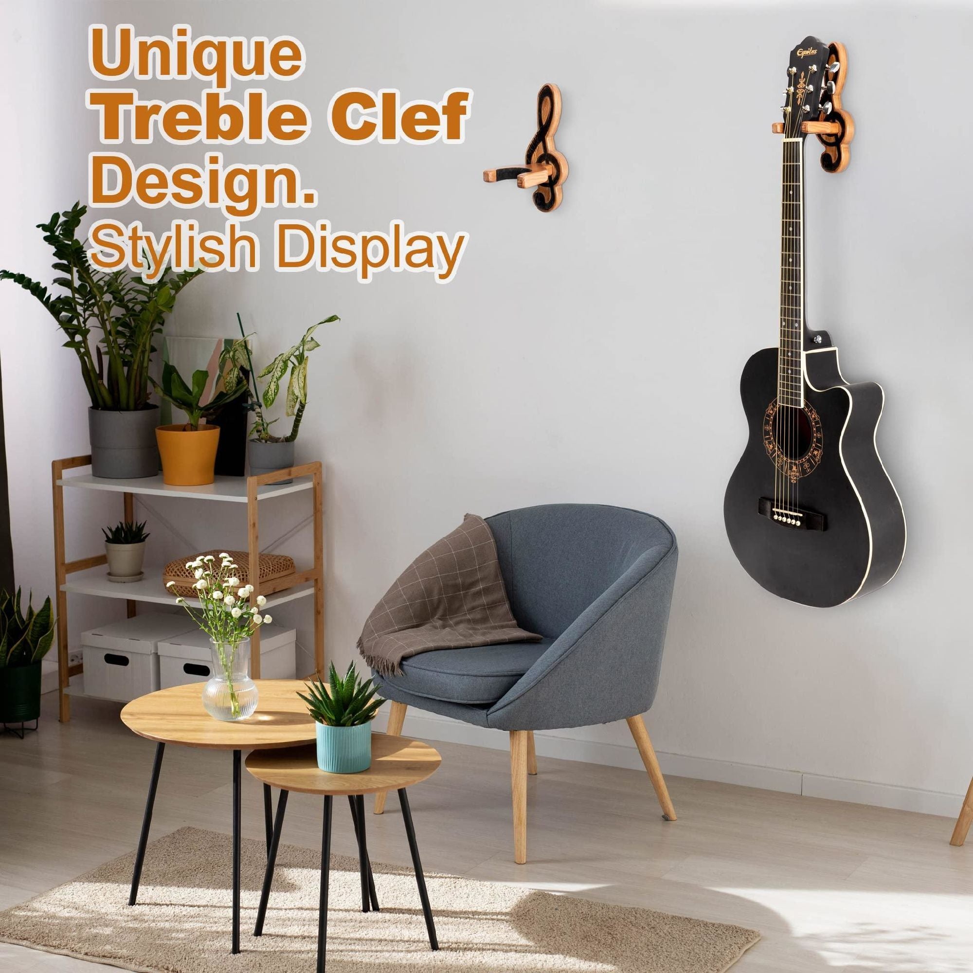 TESLYAR Guitar Holder Wall Mount Ash Wood Wooden Guitar Hanger Hook Stand Rack holding an acoustic guitar headstock, isolated on a white background.