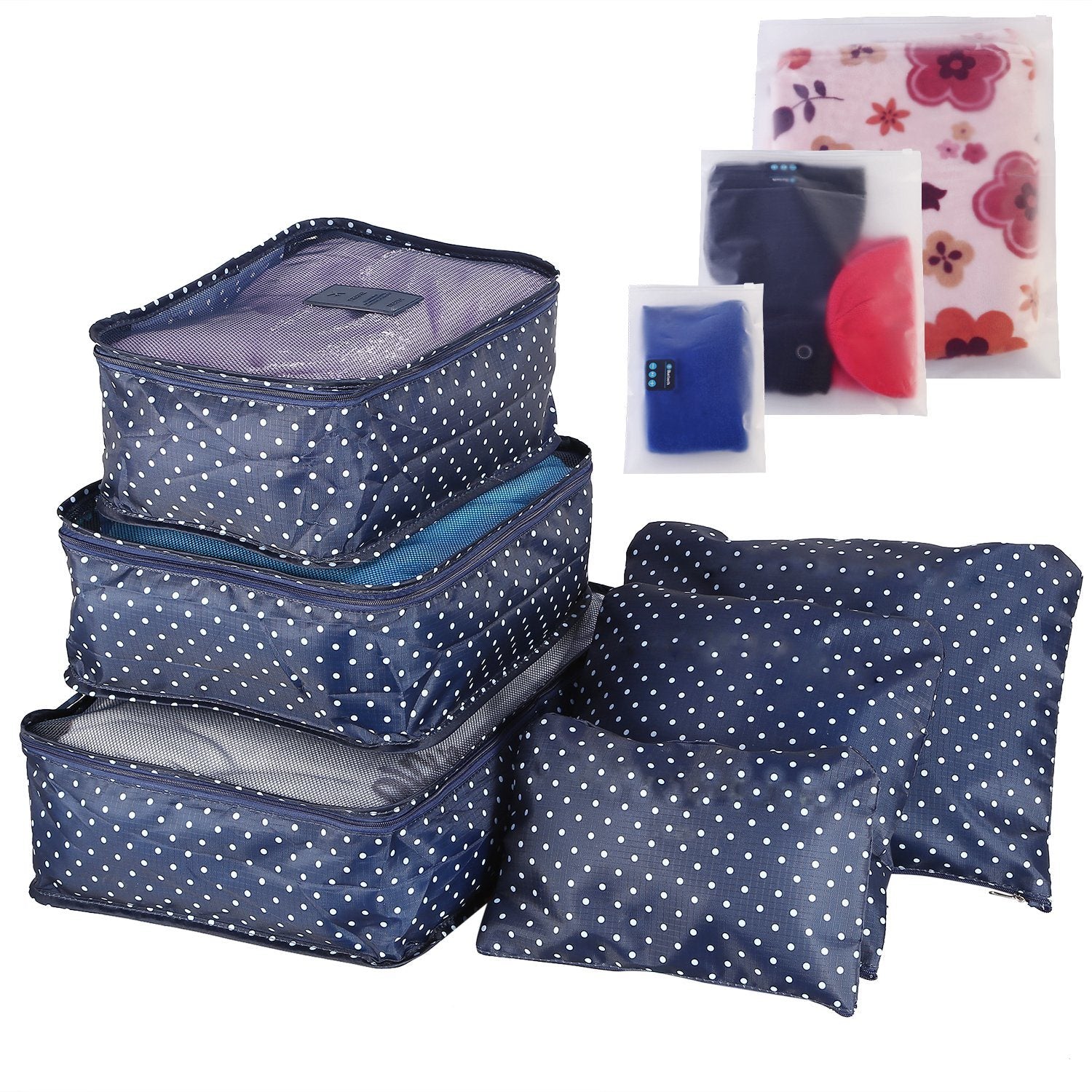 Set of four 9Pcs Clothes Storage Bags Water-Resistant Travel Luggage Organizer Clothing Packing Cubes of varying sizes with clothing items, displayed next to a folded floral blouse, all on a white background.