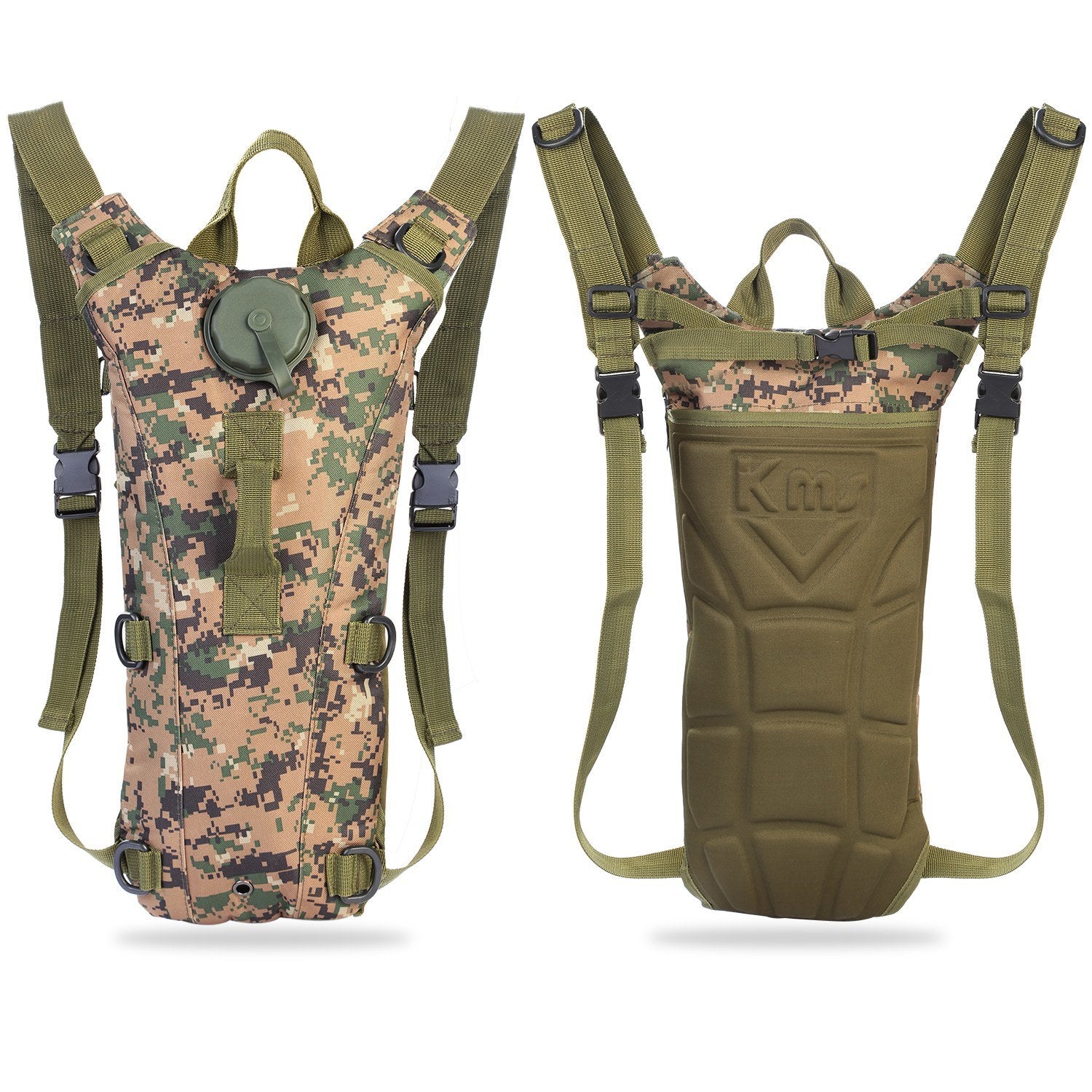 Tactical Hydration Pack suitable for running, cycling, and climbing. Includes water bladder, camo backpack, and icons indicating BPA-free material.