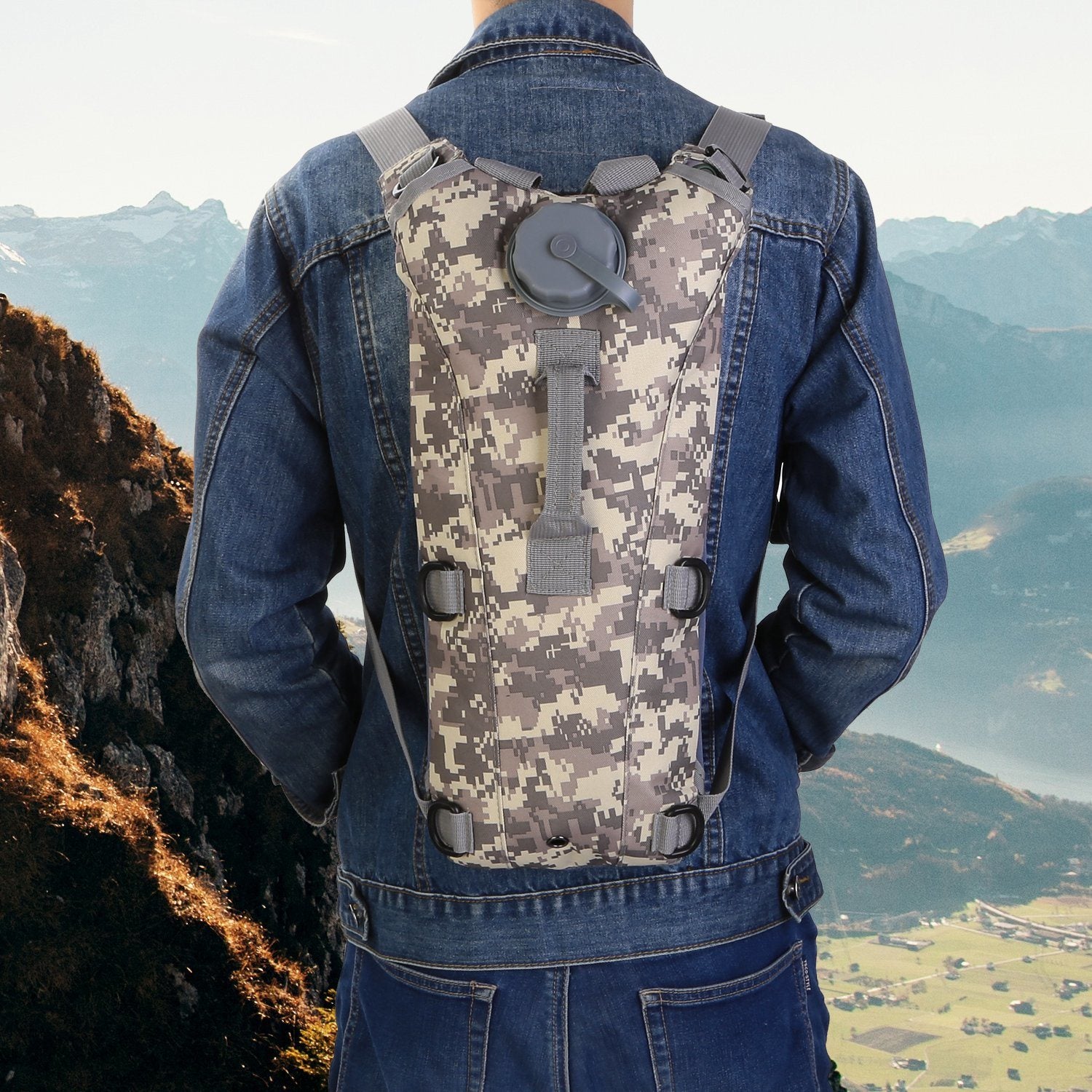 Tactical Hydration Pack suitable for running, cycling, and climbing. Includes water bladder, camo backpack, and icons indicating BPA-free material.