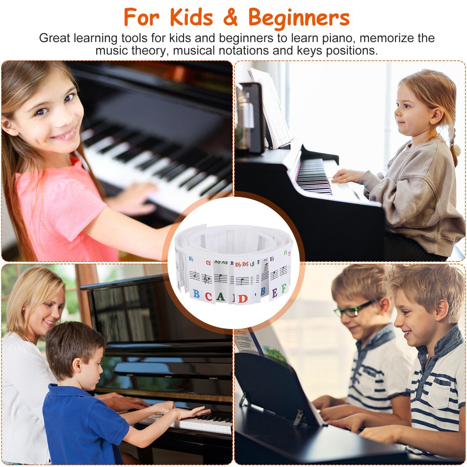 Piano Keyboard Stickers Removable Piano Key Labels PVC Piano Notes Guide without Glue for Beginners Kids with musical notes and corresponding letters, displayed in a loop beside a small round container with a metallic lid.