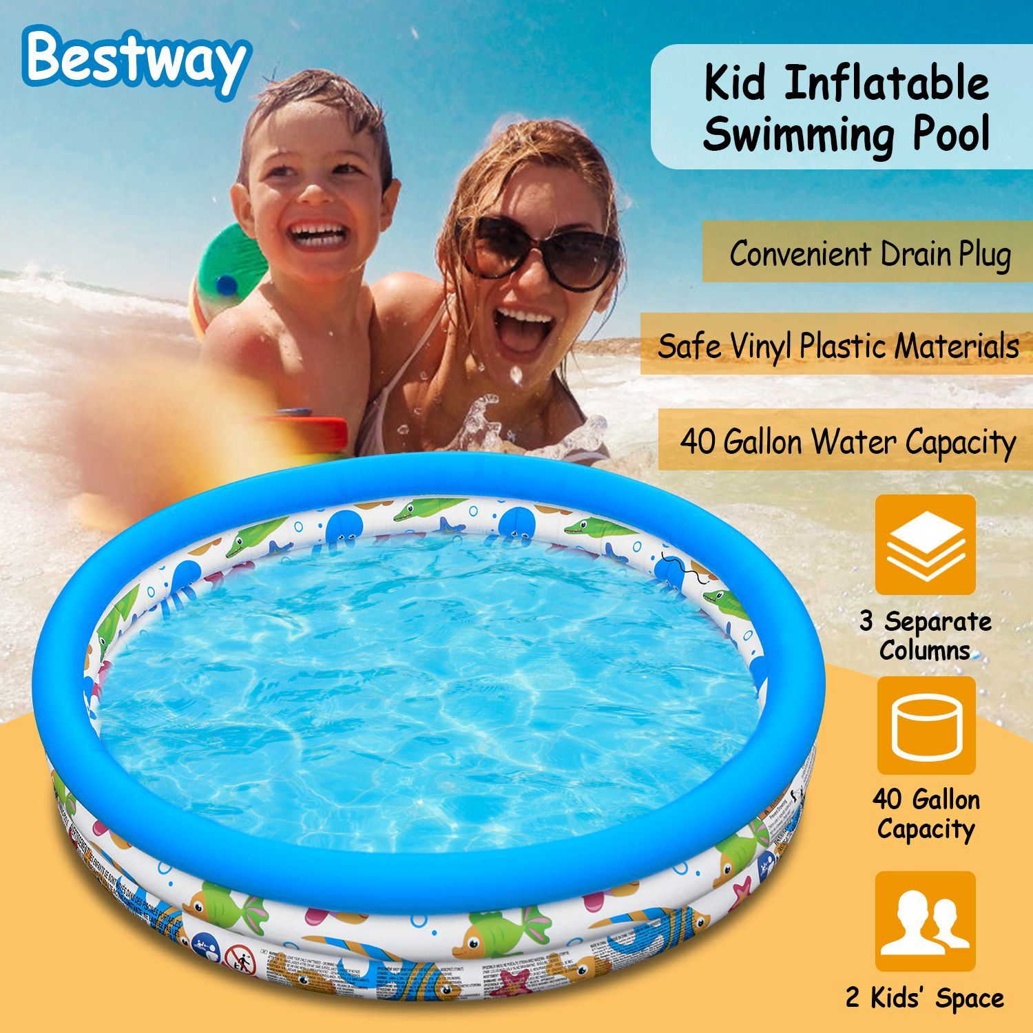 Advertisement for a Bestway 48x10In Inflatable Swimming Pool Blow Up Family Pool For 2 Kids Foldable Swim Ball Pool Center featuring a woman and two children smiling in a splash pool party, with product details around the image.
