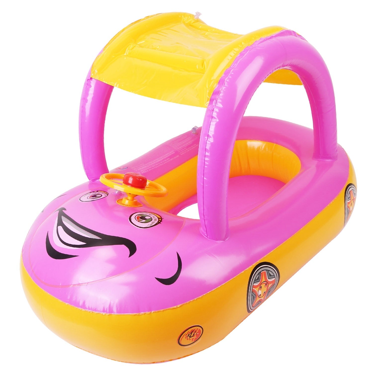 A young child smiles while sitting in a colorful Baby Inflatable Pool Float Car Shaped Toddler Swimming Float Boat Pool Toy Infant Swim Ring Pool with Sun Protection Canopy for 1-3 Year-Old Kids Infant Toddlers in a swimming pool.