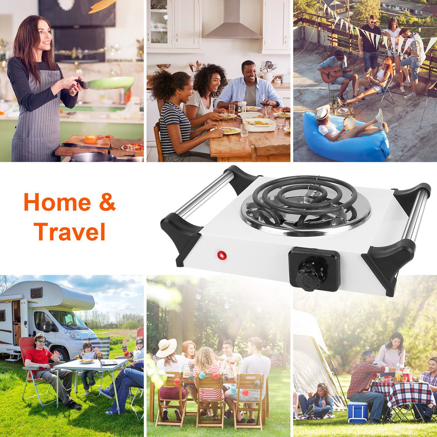 Sentence with Product Name: 1000W Electric Single Burner Portable Coil Heating Hot Plate Stove Countertop RV Hotplate with 5 Temperature Adjustments Portable Handles displayed with a man cooking on it in a kitchen setup.