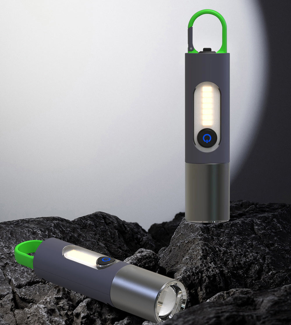 Two modern portable Flash Flashlights with built-in radios and USB fast direct charging ports, one displayed open to show the radio, both emitting light from their bases.