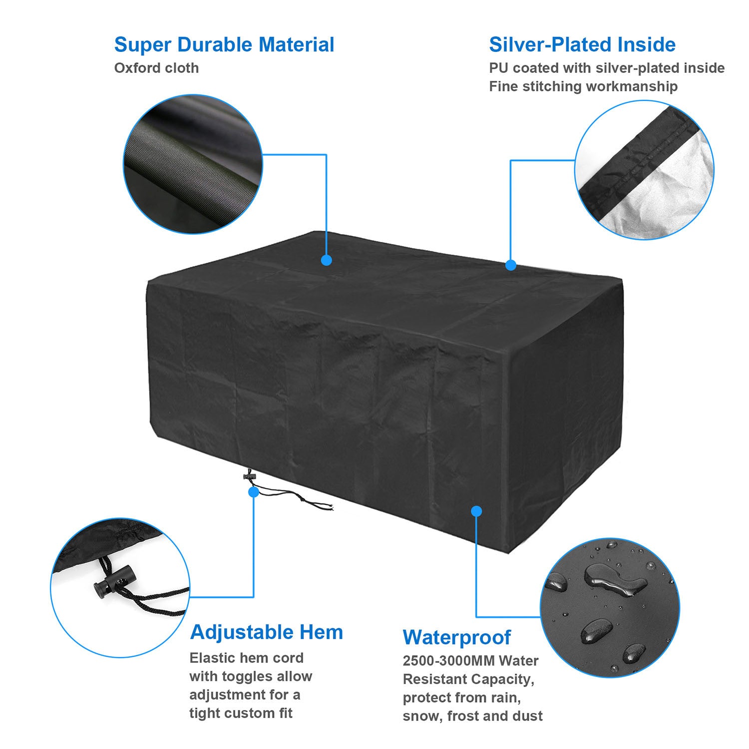 Large black 210D Waterproof Outdoor Furniture Cover made of Oxford cloth on a balcony, labeled as waterproof, anti-UV, windproof, and snow resistant, with an inset showing the cover in use and its storage bag.