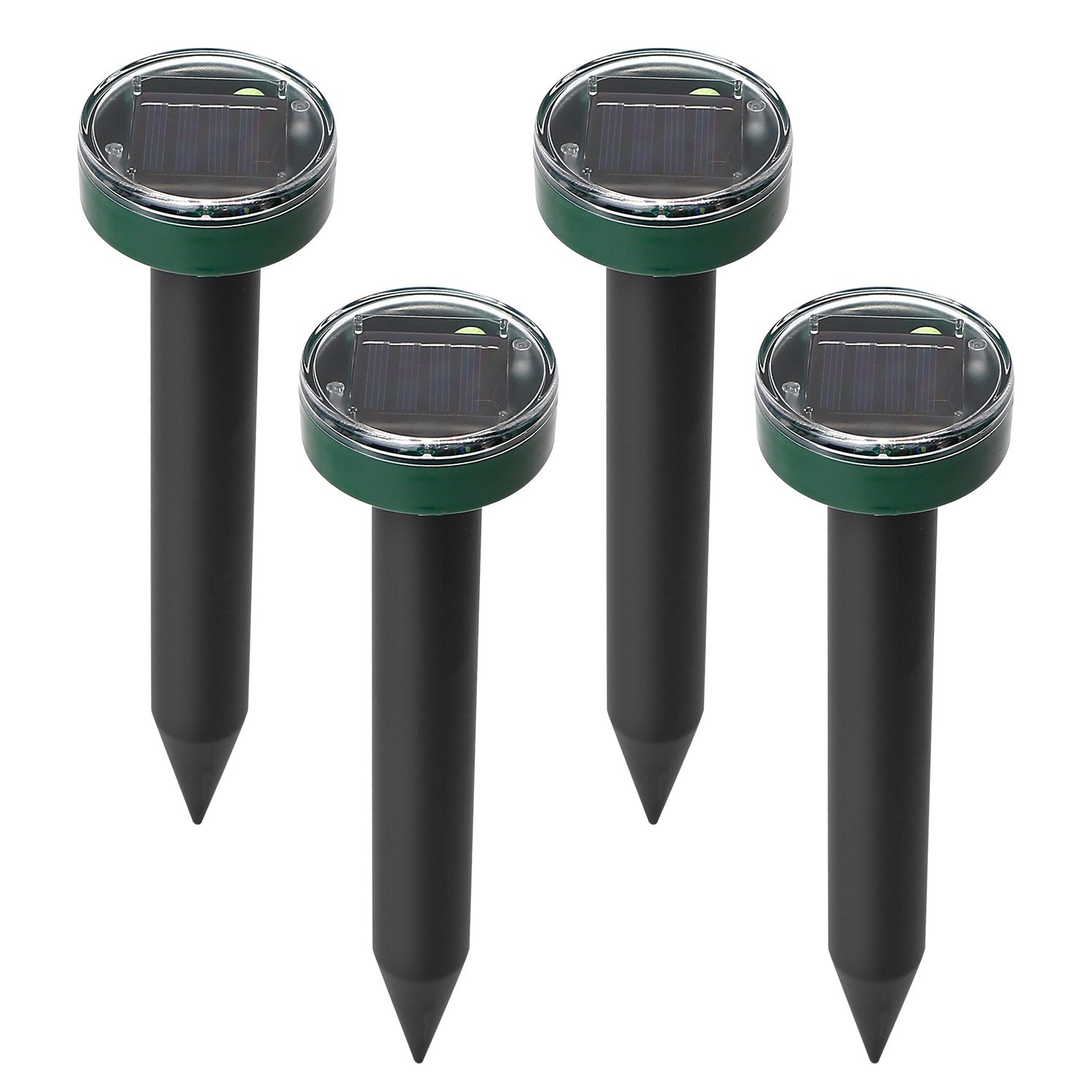 Four 4Pcs Solar Powered Mole Repeller Sonic Gopher Stakes inserted in the ground with icons emphasizing their features like waterproof protection and safety, beside a girl and a chicken in a grassy yard.