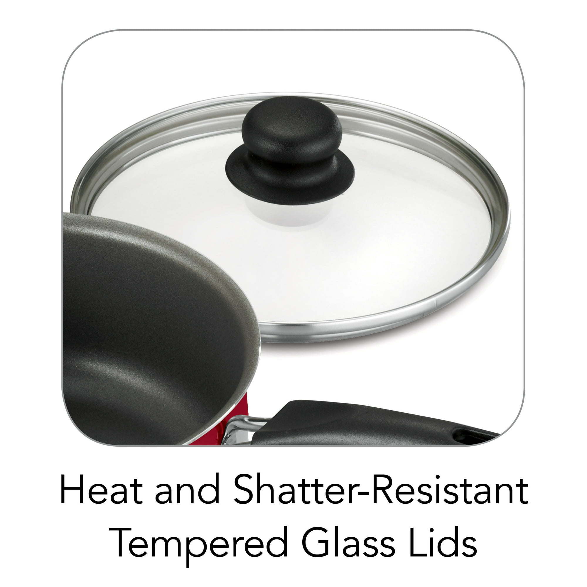 A set of new 9-Piece Non-Stick Cookware Set including two pots, a saucepan, and two frying pans, all with tempered glass lids and black handles, arranged on a white background.