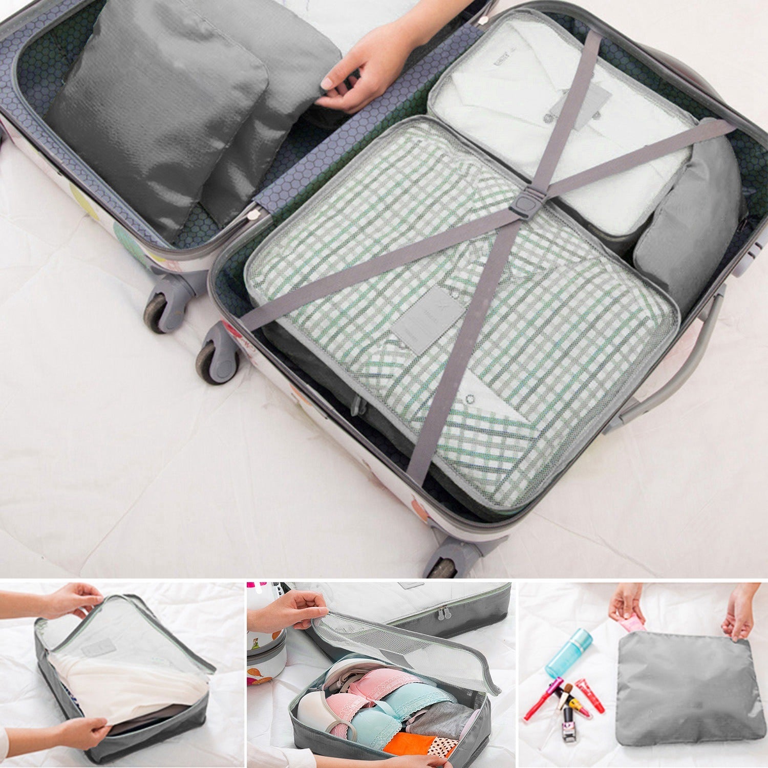Set of four 9Pcs Clothes Storage Bags Water-Resistant Travel Luggage Organizer Clothing Packing Cubes of varying sizes with clothing items, displayed next to a folded floral blouse, all on a white background.